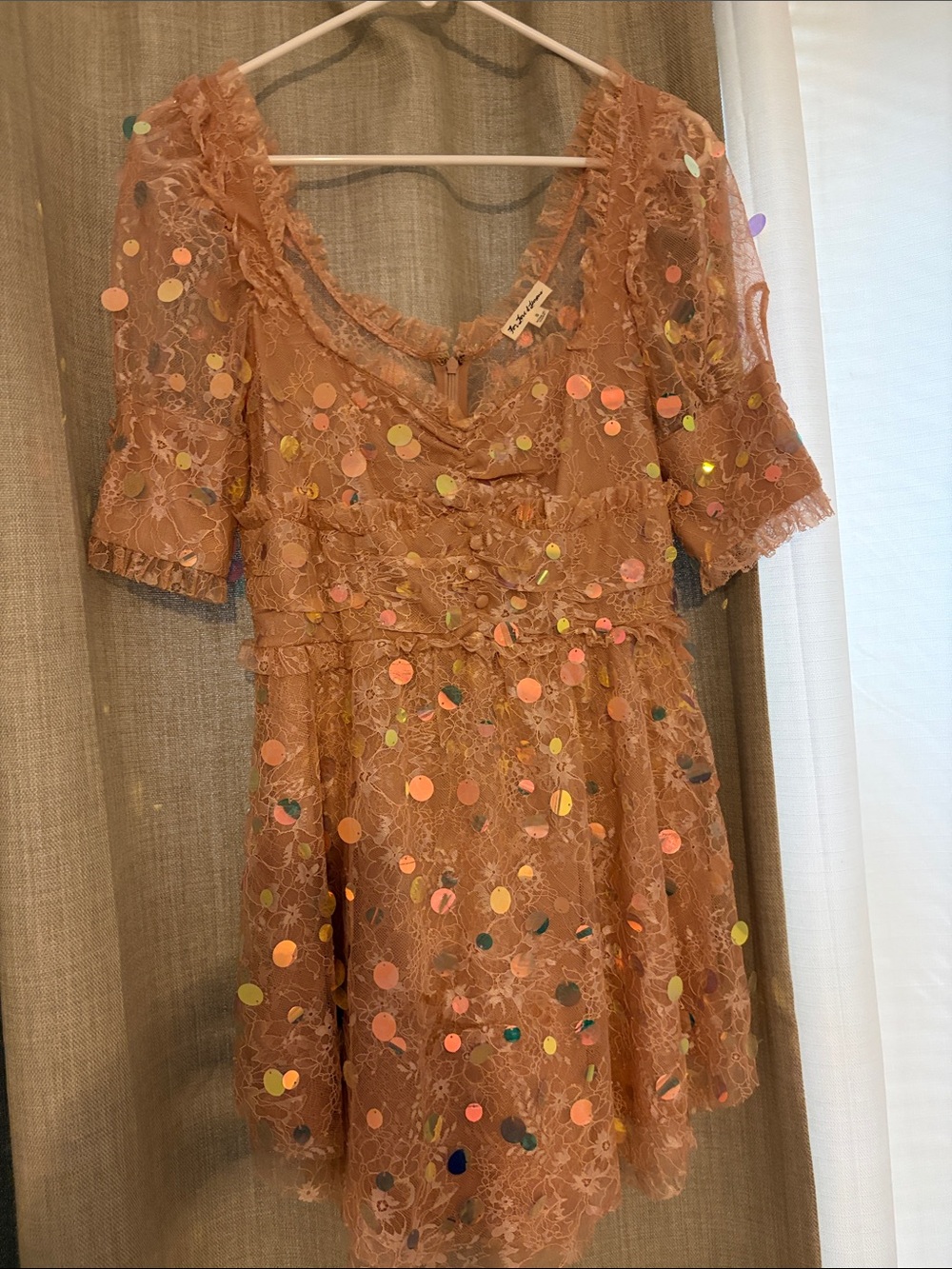 For Love & Lemons Peach Lace Sequin Mini Dress